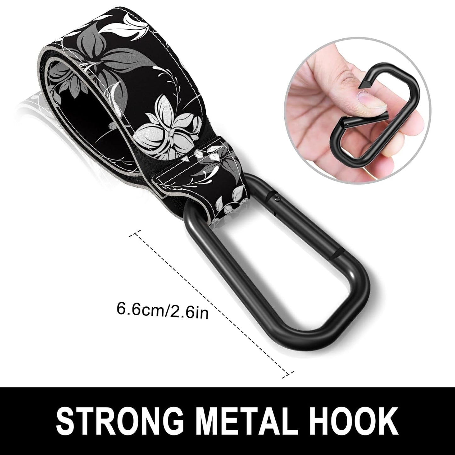 Baby Stroller Hooks for Hanging Bags, Universal Stroller Clips Accessories, Mommy Hook for Diaper Bag, Shopping Cart, Purse, Backpack - 2 Pack, Black Flower