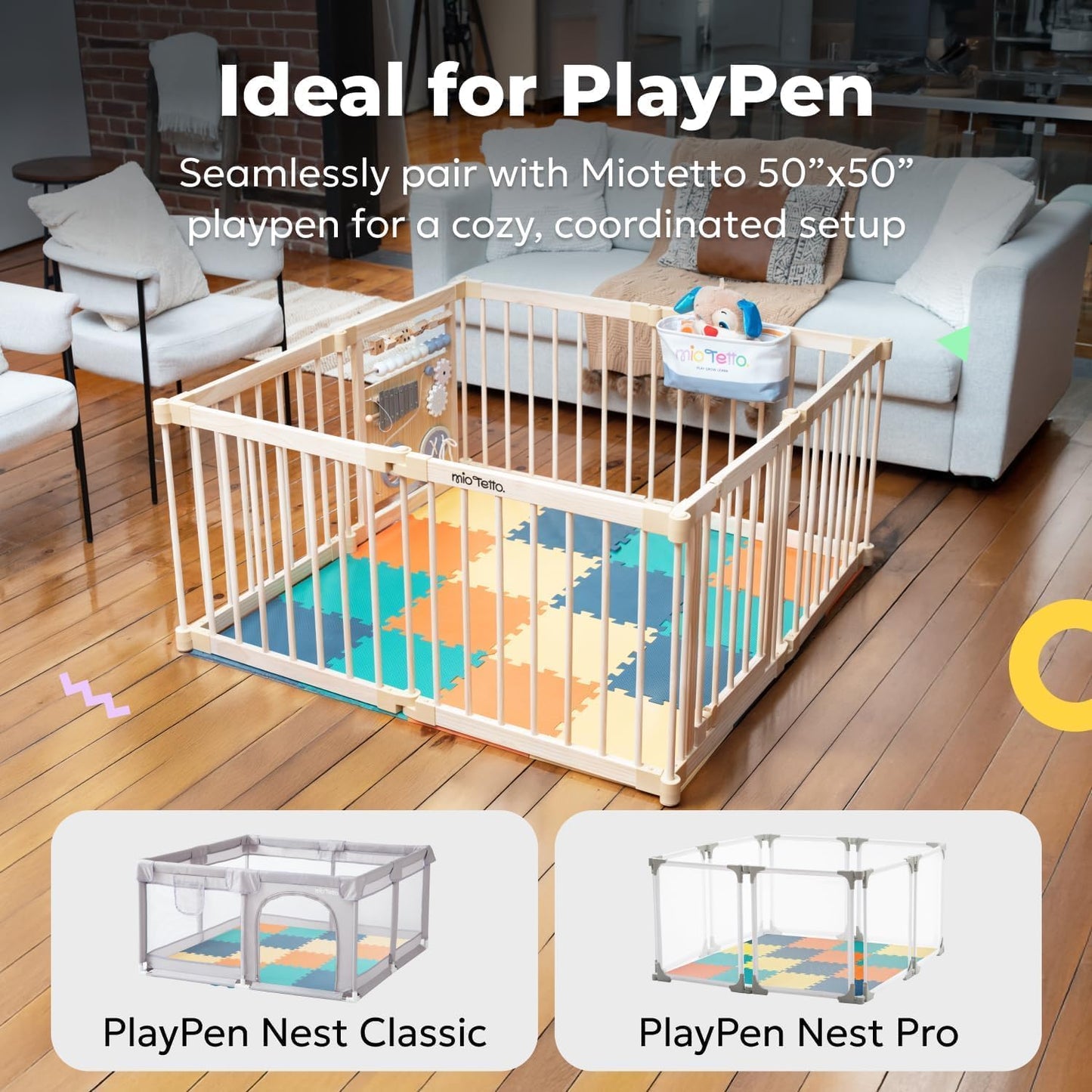 MioTetto Foam Floor Tiles for Kids - Non-Toxic Comfortable Baby Play Mat and Interlocking Foam Tiles, Fits with 50x50 Playpen Mat for Crawling & Development, Soft Play Mat for Babies 6-12 Months