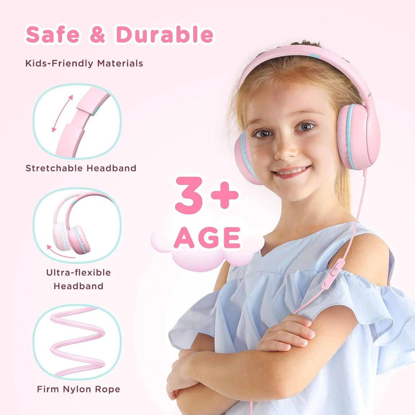 Kids Headphones Wired with Microphone, Over Ear 85/94dB Volume Limited Headphones with Share Port, Stereo Sound Foldable Headset for Teens/Boys/Girls - Pink