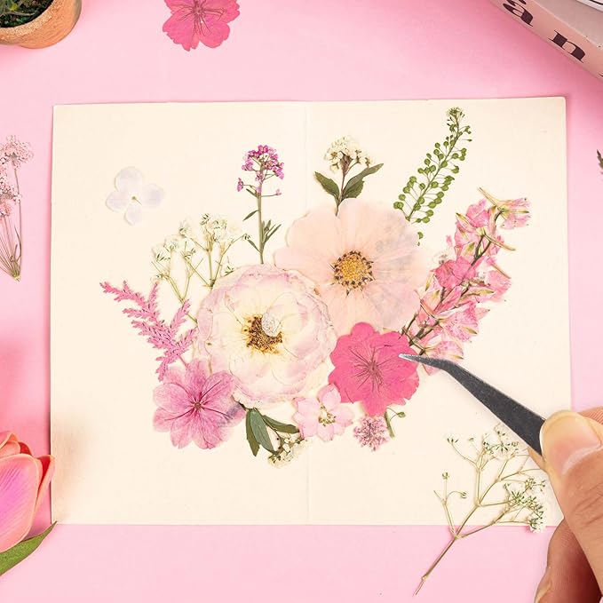 50pcs Pink Pressed Flowers Bulk, Romantic Dried Flower Leaves, Natural Pressed Dried Flowers with Tweezer for DIY Crafts Resin Mold Candles Cake Bridal Scrapbooking Supplies