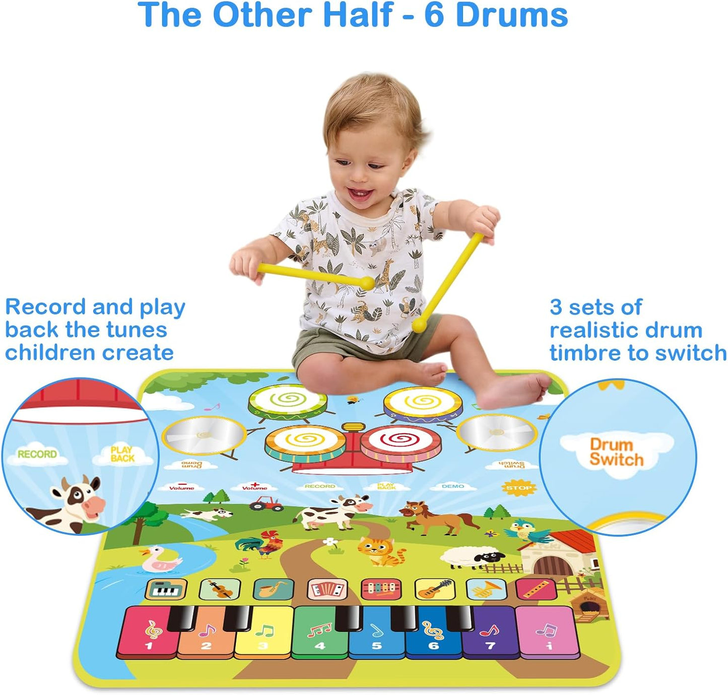Foki 3-in-1 Musical Mats, Child Floor Piano Drum Animal Music Play Mat Montessori Sensory Early Educational Musical Learning Toys for Baby Girls Boys Birthday Toddlers 1-5 Years Old
