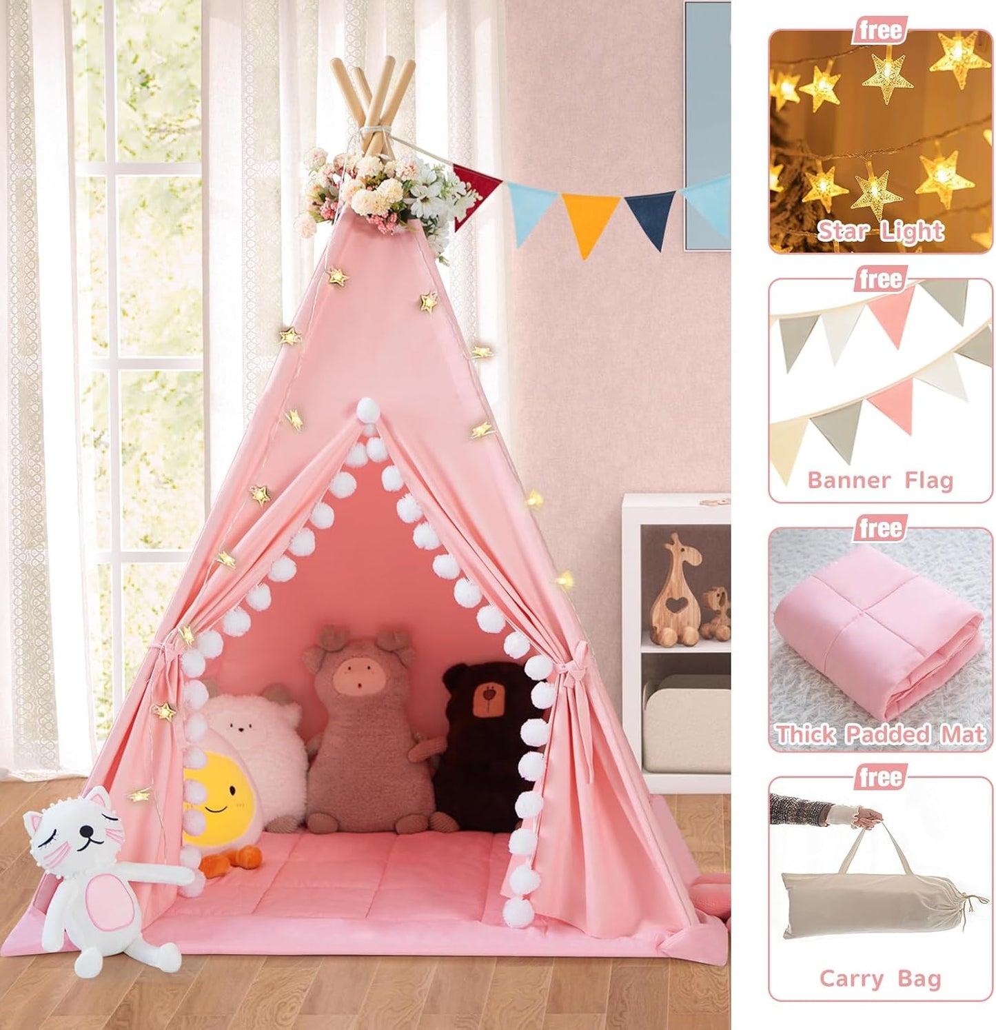 Teepee Tent for Kids with Padded Mat Cotton Canvas Kids Tent with Pompom for Toddlers Indoor Play Tent for Girls Boys with Stars Lights, Carry Bag, Banner Flag (Pink)
