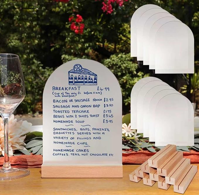 Frosted Blank Arch Acrylic Sign with Wooden Stands - 10 Pack DIY Customizable Sign Kit for Wedding Table Numbers, Restaurant Party Bridal Shower (5x7 Inch)