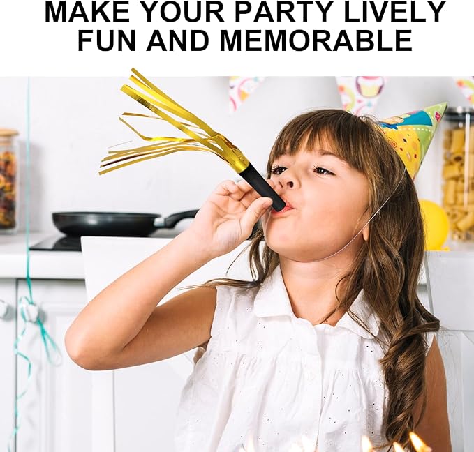 24 Pcs Party Horns, Party blowers Noise Makers, Graduation Noise Makers Glitter Metallic Fringed Birthday Blowers for Wedding Birthday Graduation Ceremony Festival (Gold)