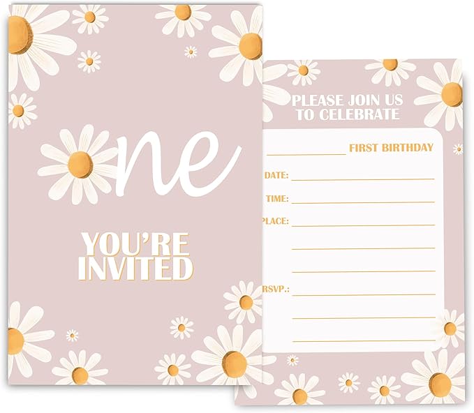 Daisy 1st Birthday Invitations for Girls, Daisy One Birthday Party Invitaions for Party Invites, 4x6 Inches, 30 Sets with Envelopes