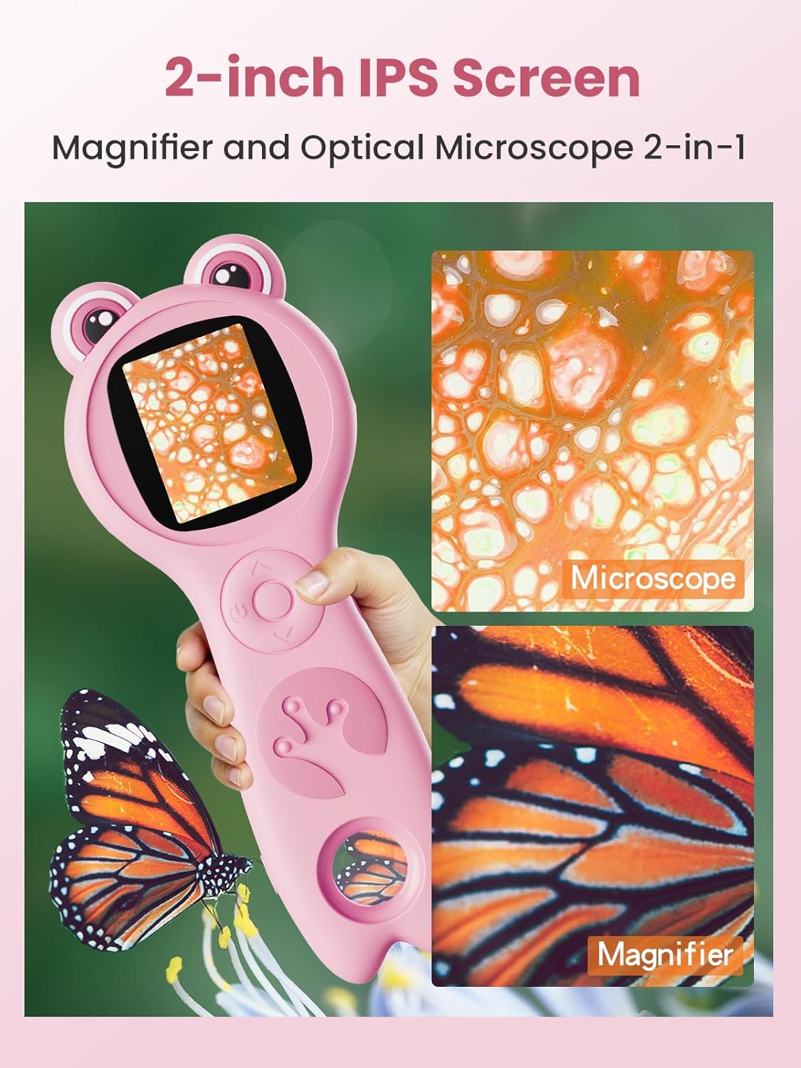Microscope for Kids, 2 Inch Digital Microscope with 500X Magnifying Glass, 4× Zoom Handheld Camera Mini Pocket Magnification, Educational Science Toys for Ages 3+, Pink