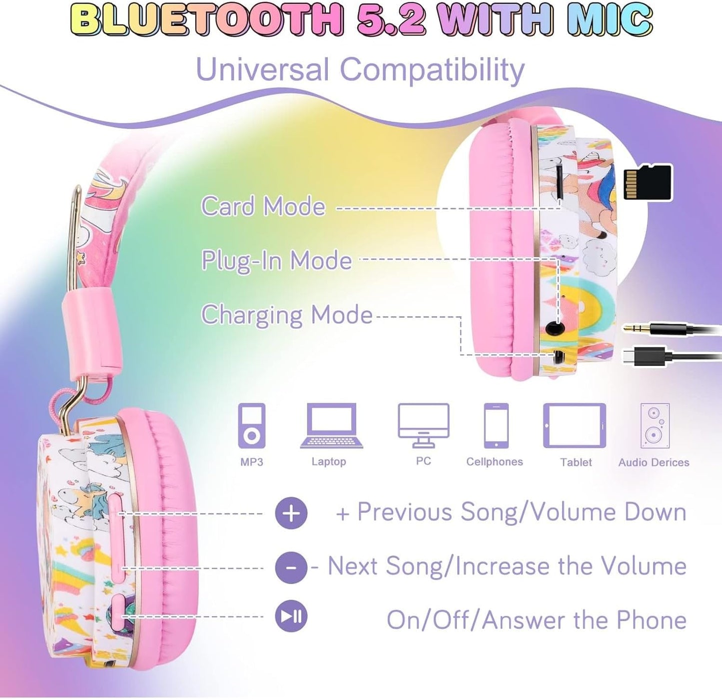 QearFun Unicorn Bluetooth Headphones for Girls - with Microphone & 3.5mm Jack, Adjustable Headband for Kids Teens Toddlers, School iPad Tablet PC Smartphones Compatible (Pink)