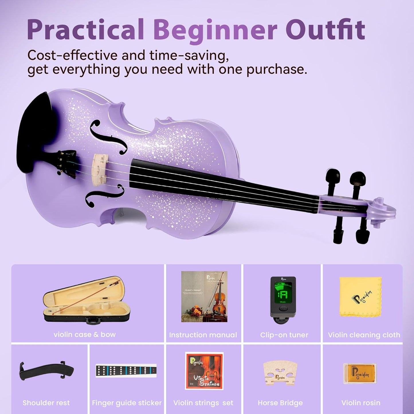 Poseidon Acoustic Violin for Beginner, Full Size Violin Set for Students with Hard Case, Extra 4/4 Strings Set, Violin Bow, Horse Bridge, Violin Rosin, Shoulder Rest, Clip-on Tuner, Manual - Purple