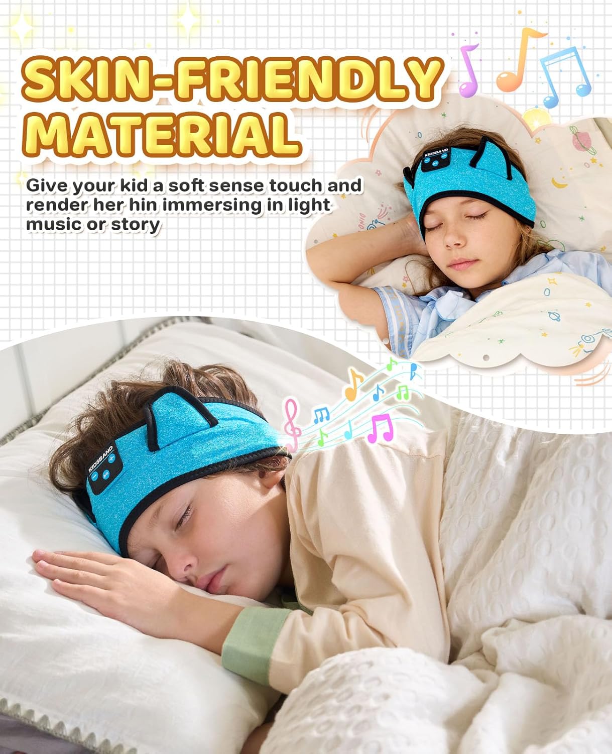 KIDSBAND Kids Headphones, Toddler/Baby Bluetooth Headband, Wireless Sleep Headphones for Kids with Wired Playback 3.5 MM Jack for Teens/Boys/Girls/School/Kindle/Airplane Travel/Plane/Tablet
