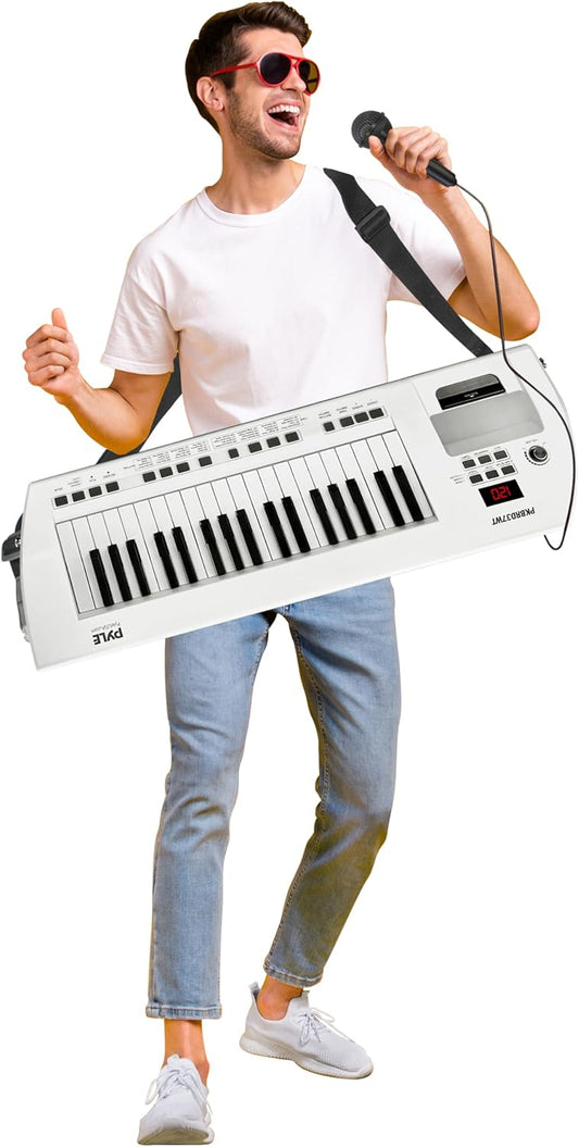 Pyle, Portable Digital Electronic Keyboard Piano 37 Keys with Microphone & Carry Strap, Built-in Sustain Controller, Rechargeable Battery-Karaoke Keyboard Compact Musical Keytar White