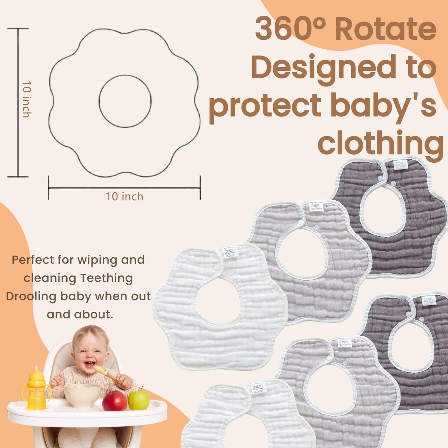 MUKIN Baby Drooling Towel, Snap Bibs, Muslin Bibs, 6 Pack, Adjustable, Soft Cotton