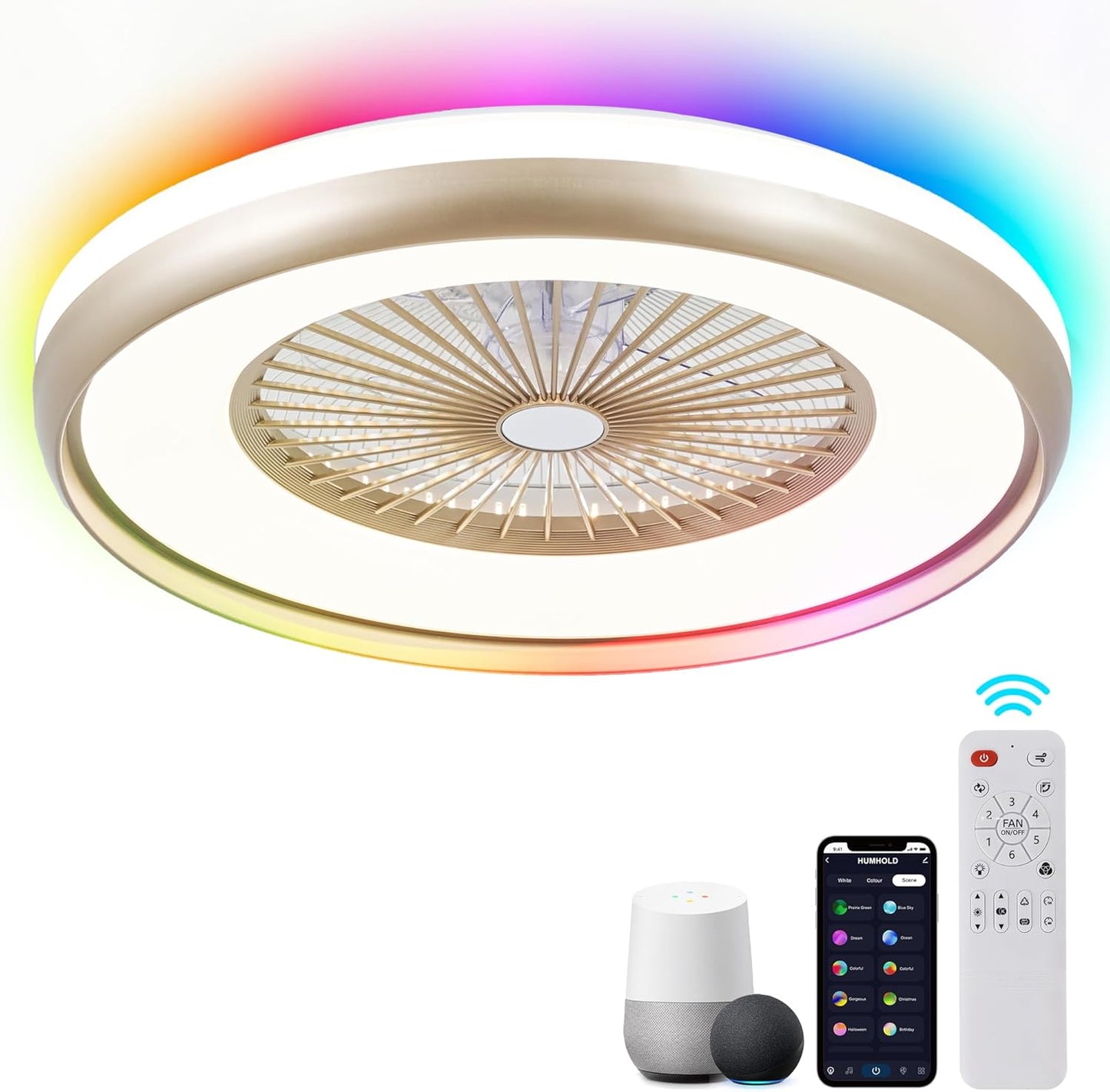 24" Bladeless Ceiling Fan with RGB Light Remote, Smart LED Ceiling Fans with Voice/App Control, Modern Low Profile Dimmable Light Ceiling Fan for Bedroom Living Room