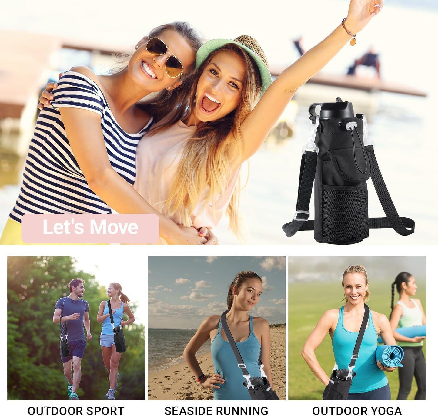 RRegeny【NEW STYLE Water Bottle Holder Crossbody Bag with Shoulder Strap, Leakproof Water Bottle Carrier for Hydro Flask16-40oz, Hands-Free Fitness Bag with Zipper Pockets for Hiking Travel Gym