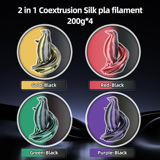 3D Printer Filament Bundle, Silk PLA Filament 1.75mm, Dual Color Filament 200gX 4 Spools Silk Filament Bundle Multicolor