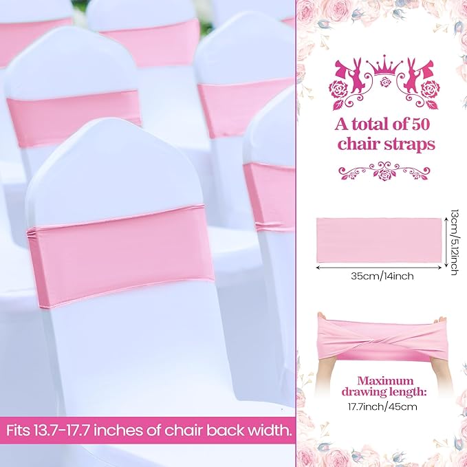 Kinlop 50 Pcs Spandex Chair Sashes Bows Chair BanB0C3V1RSWZds Slider Sashes for Covers Elastic Bands Ties Without Buckle Decorations for Wedding Party Events Ceremony Birthday(Pink)