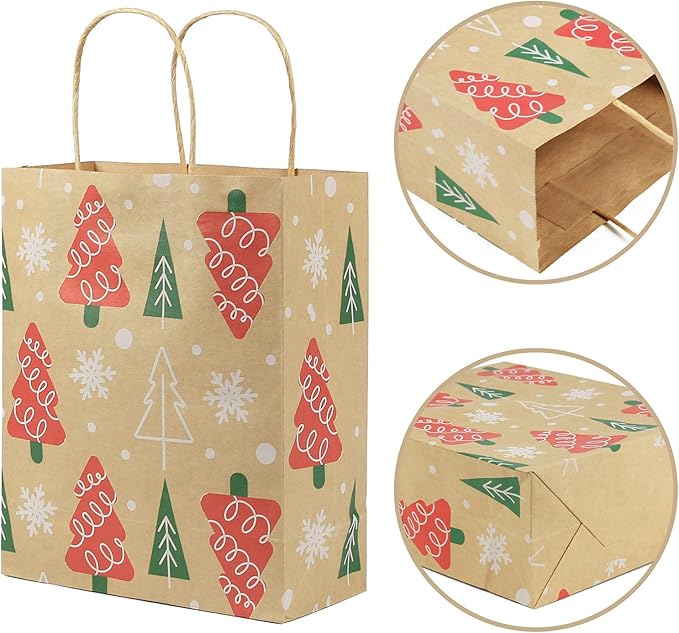 Ogrmar 24 PCS Christmas Gift Bags Kraft Holiday Wrapping Paper Bags with Christmas Prints for Holiday Party Favors Xmas Gift Box Packaging