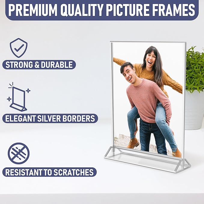 Silver Picture Frames Double-Sided, 6-Pack 5x7 Acrylic Table Number Holders, Clear Easel Stands for Signs, Silver Frames for Wedding Table Numbers, Menu Holders, Photo Displays for Events and Décor