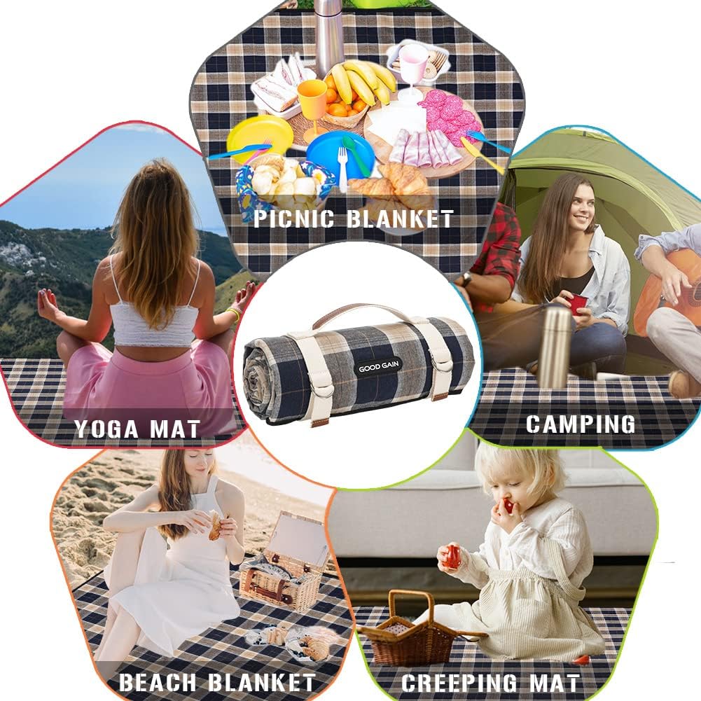 G GOOD GAIN Waterproof Picnic Blanket Portable with Carry Strap for Beach Mat or Family Outdoor Camping Party (Brown)