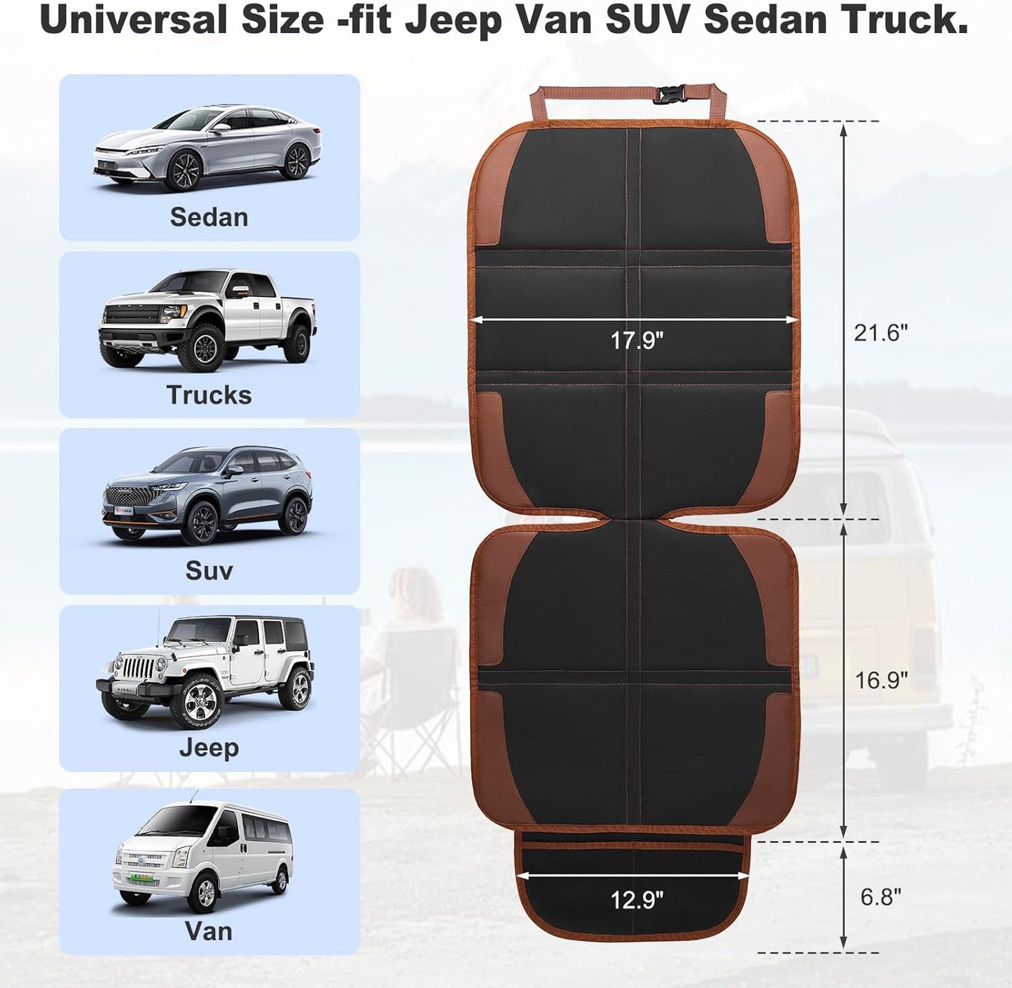 Car Seat Protector for Child, 2 Pack With Mesh Pockets & Non-Slip Backing 600D Durable Under Baby Seat Cover for Back Seat (Dark Brown, Standard)