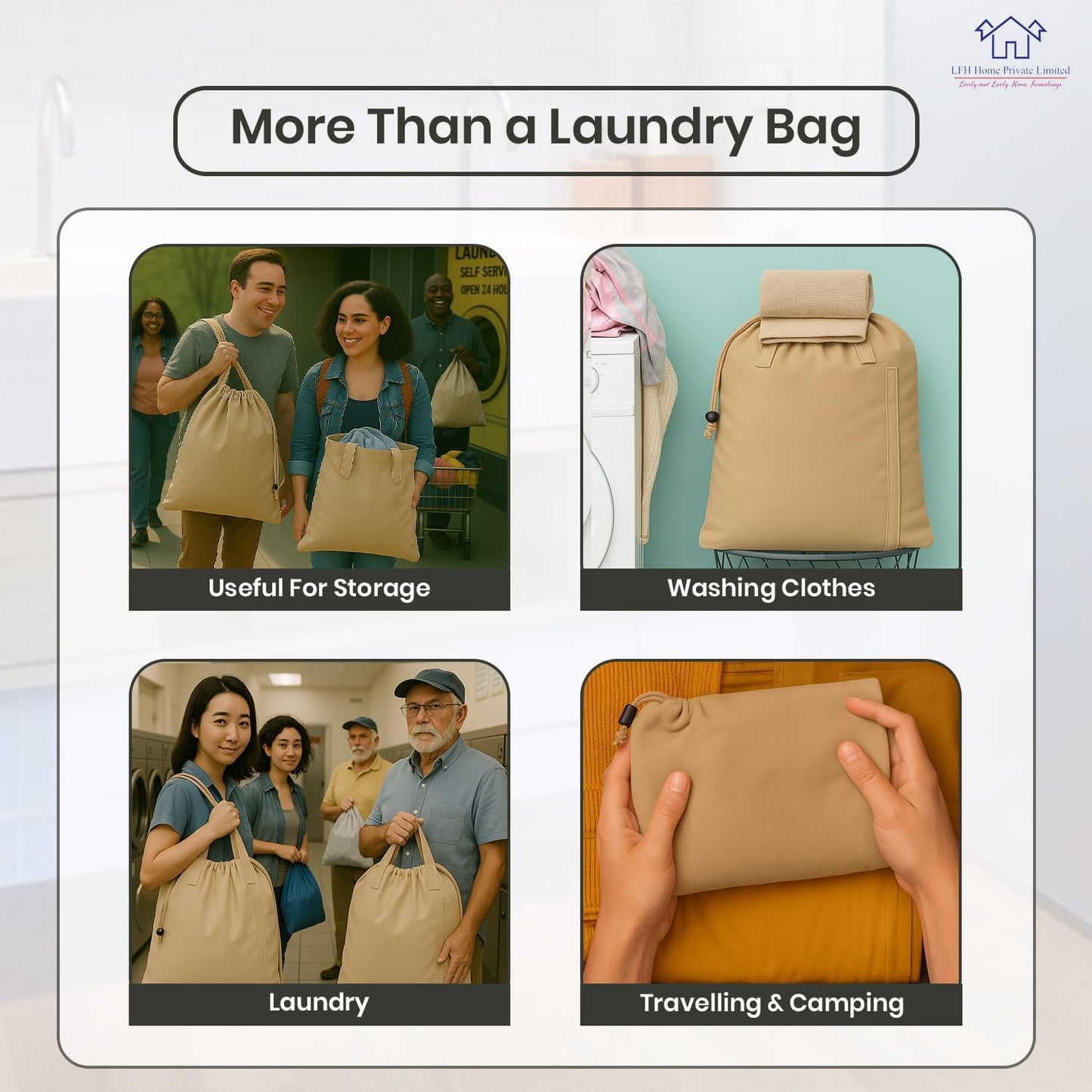 LFH Home Cotton Canvas Large Laundry Bag with Handle, Heavy Duty Drawstring Closure Washable Laundry Bags, School Travel, Home, Hotel, College Dorm, Organizer Sack, Toys Clothes 28x36-Beige