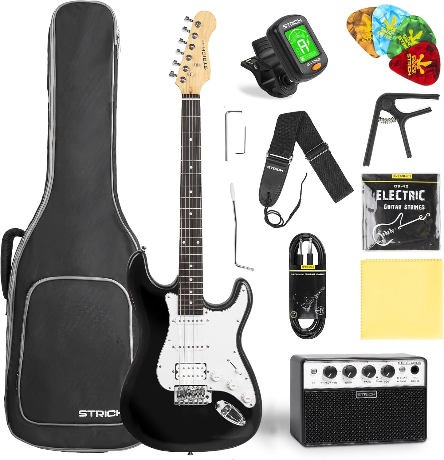 STRICH Electric Guitar Beginner Kit, Solid Body 39" Full Size Electric Guitar HSS Pick Up for Starter, with 10W Amp, Bag, Digital Tuner, Capo, Strap, String,Cable, Picks, SST-S20 Black