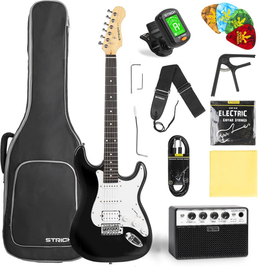 STRICH Electric Guitar Beginner Kit, Solid Body 39" Full Size Electric Guitar HSS Pick Up for Starter, with 10W Amp, Bag, Digital Tuner, Capo, Strap, String,Cable, Picks, SST-S20 Black