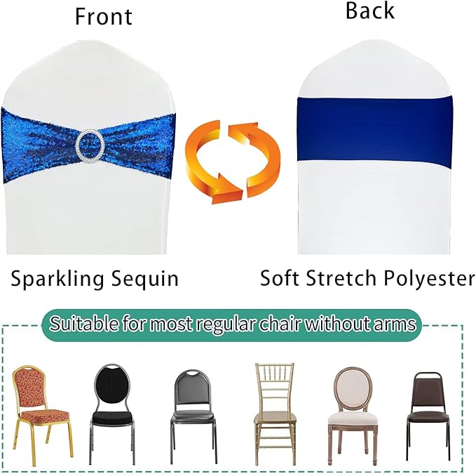 Sequin Chair Sashes Stretch Chair Bands Spandex Polyester Bows for Party Hotel Wedding Banquets Decoration - 6 Pcs Royal Blue