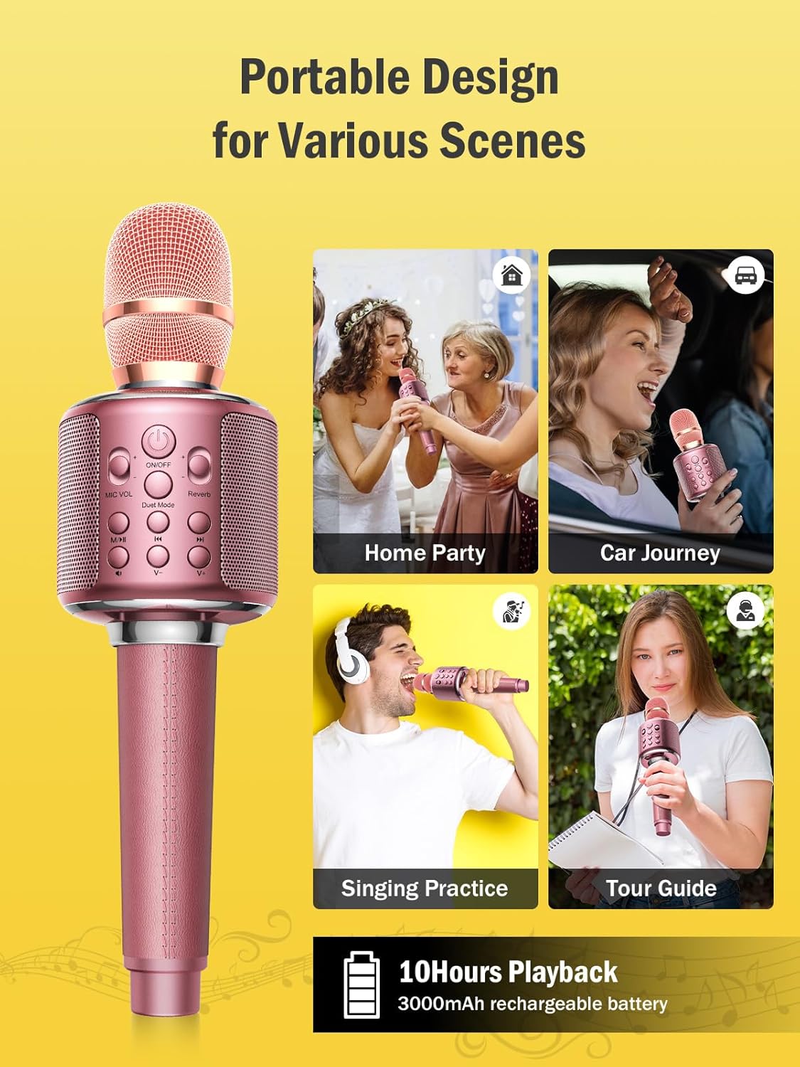 Wireless Bluetooth Karaoke Microphone, Built-in Loud Speaker for 10H Playback, Add Reverb/Duet Mode/Earbuds Monitoring, Portable Karaoke Machine for Entertainment & Singing Practice (Rose Gold)