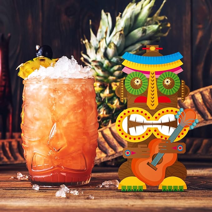 Blulu 3 Pcs Tiki Party Decor Hawaiian Luau Party Decorations Tropical Aloha Wooden Bar Table Sign Colorful Farmhouse Tiki Centerpieces for Table Summer Welcome Housewarming(Classic,7.87 Inch)
