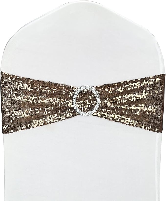 25 Pcs Chair Sashes Sequin Stretch Chair Bands Spandex Polyester Bows for Party Hotel Wedding Banquets Decoration - Coffee
