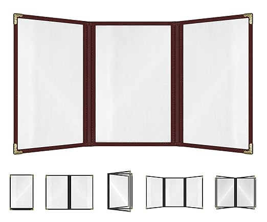 Goodsmart Restaurant Menu Covers – Burgundy, 25 Pack, 6-View Trifold 5.5" x 8.5", Side-Loading Vinyl & Plastic Menu Holders, Clear Menu Sleeves, Leather-Style Café Covers with Gold Corners