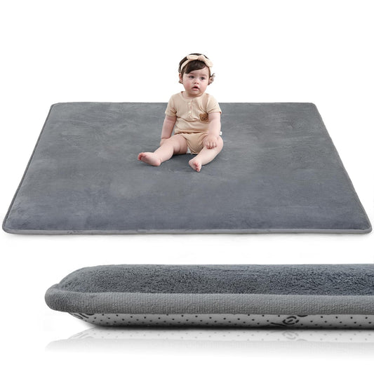 Baby Play Mat for Floor,1.3" Thick Elasti-Foam 50"×50" Playpen Mat for Tummy Time,Water Repellent Soft Coral Velvet for Toddler,Infant,Kids,Non-Slip Backing Safe for Crawling(Dark Grey)