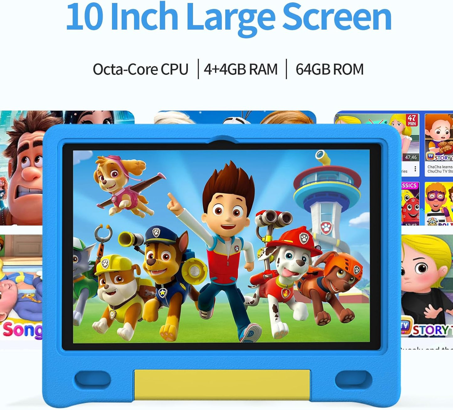 JREN Kids Table 10.1" ｜Android 14 Tablet for Kids｜64GB Storage｜Octa-Core｜WiFi ｜Cameras｜Parental Control｜Kids Content｜Case Included Great Gift for Children Ages 3-12 Years Old Blue