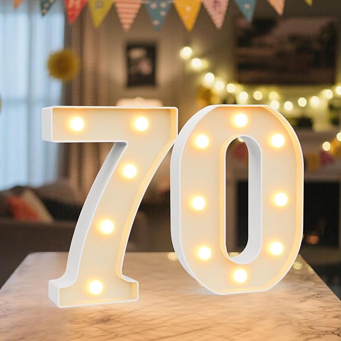 LED Marquee Light Up Numbers Sign - Lighted Birthday Numbers Sign for 70th Birthday Party Decoration, Bar Wall, Home, Table Room, Wedding and Christmas Decorations, Number 70