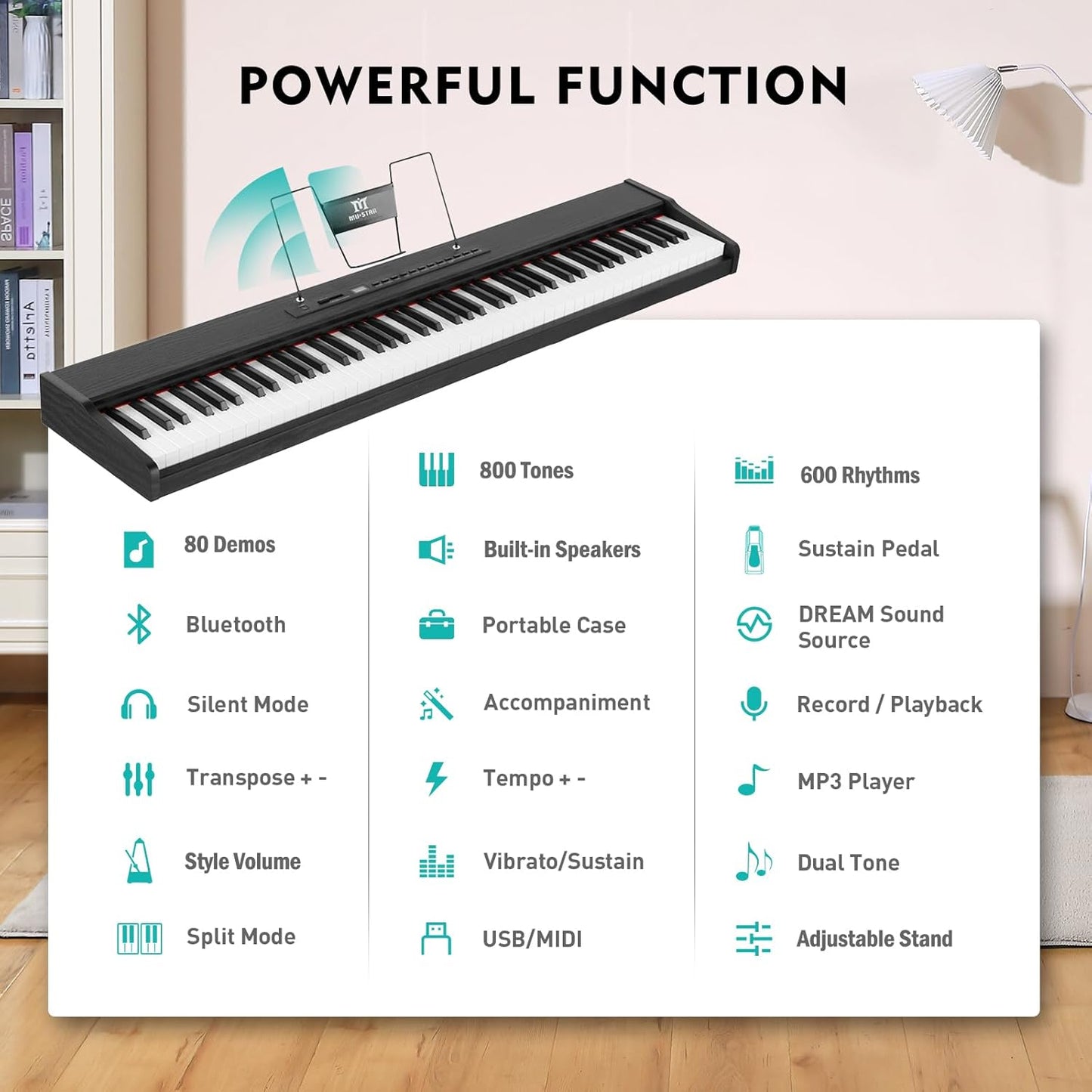 MUSTAR Digital Piano 88 Key Weighted with Stand, 88 Key Semi Weighted Keyboard Piano MEP-900, Portable Electric Piano Keyboard 88 Keys with Bluetooth Connection, Case, Sustain Pedal, MDF, Black