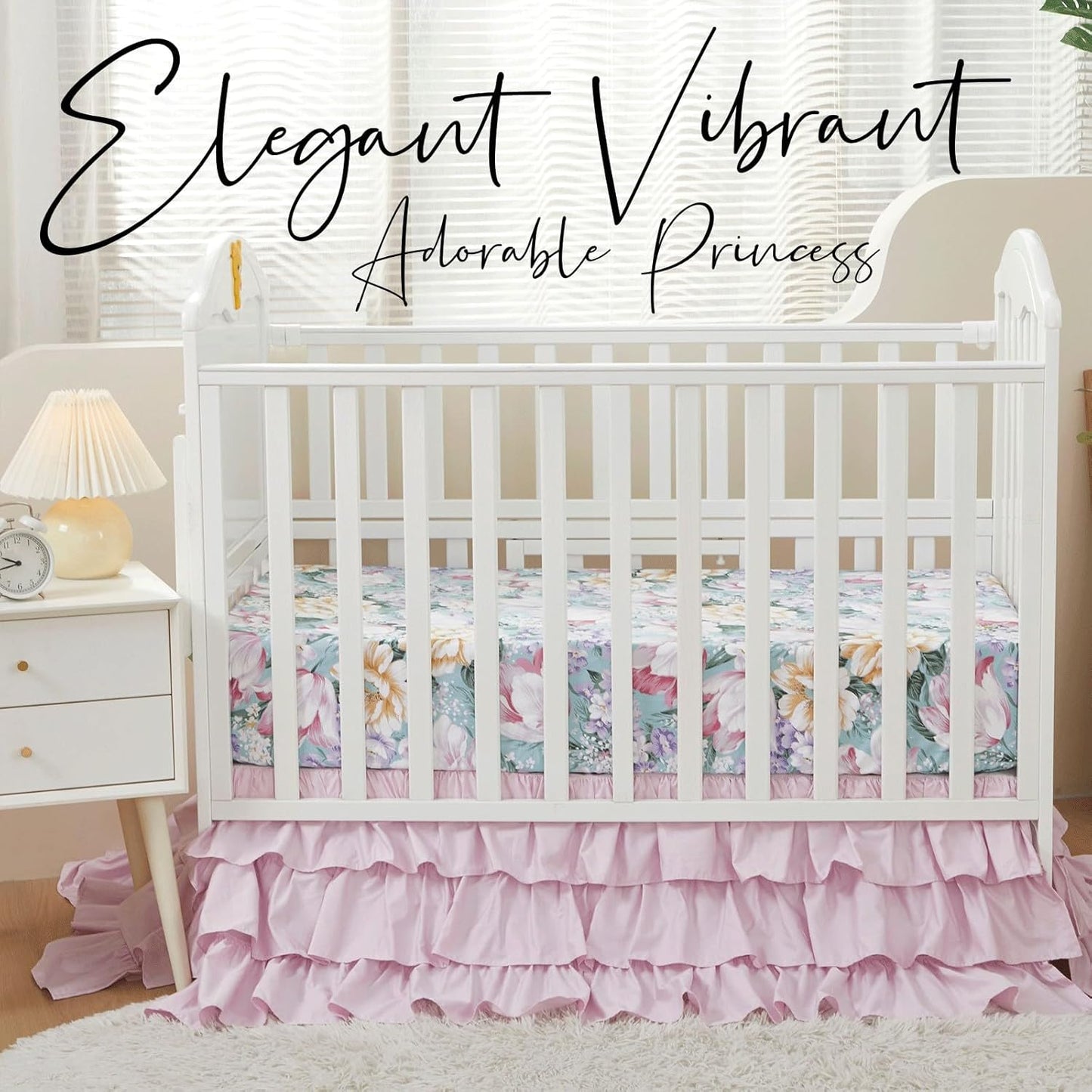 Brandream Crib Bedding Sets for Girls Garden Floral Nursery Set 3-Piece | Ruffled Baby Comforter, Crib Sheet and Tulle Lace Crib Bed Skirt, Green White