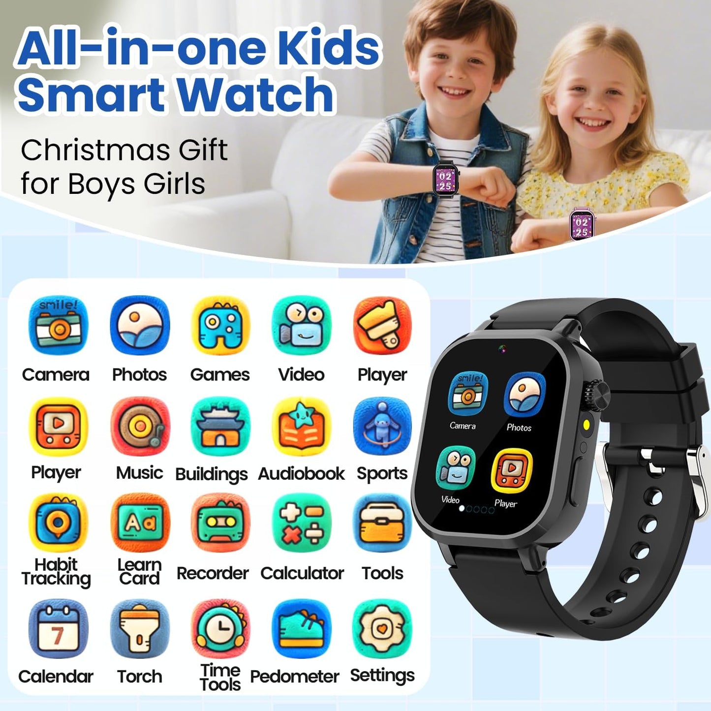 Waterproof Smart Watch for Kids Boys Ages 5-12 with 39 Games, HD Camera, Video, Music, Habit Tracking, Alarm, Pedometer, Kids Smart Watch Chrismars Birthday Gift for Boys Age 5 6 7 8(Black)