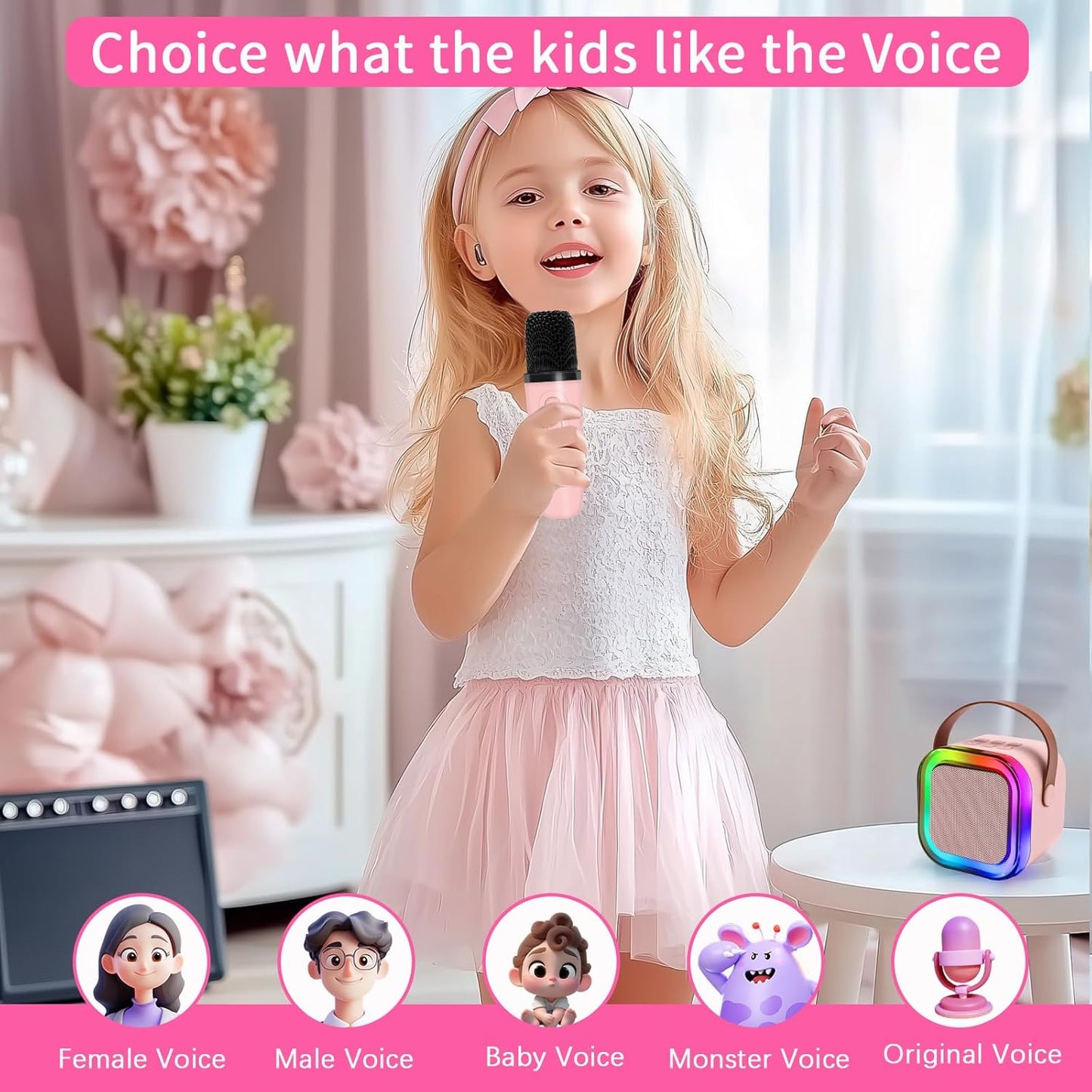 Mini Karaoke Machines for Kids, Girls Portable Karaoke Machine with 2 Microphones Speaker, 3 LED Disco Lights,5 Funny Sound, Gift for Boy Toddler Teen Adult Birthday Holiday Home Party