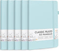 feela 5 Pack Notebooks Journals Bulk, Hardcover Notebook Classic Ruled Lined Journals with Pen Holder for Women Girls School Business Supplies, with 5 Black Pens, 120 GSM, 5.1”x8.3”, A5,Sky Blue
