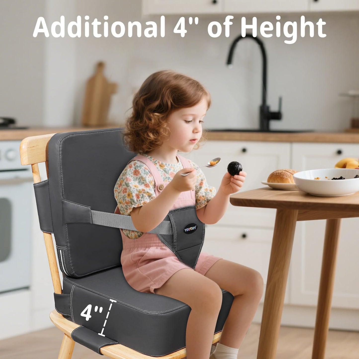 Toddler Booster Seat for Kitchen Chair, 2-in-1 Dining Table Booster Seat with Backrest & Adjustable Straps – Easy-Clean, PU Portable Toddler Eating Travel Increasing Cushion - Dark Grey