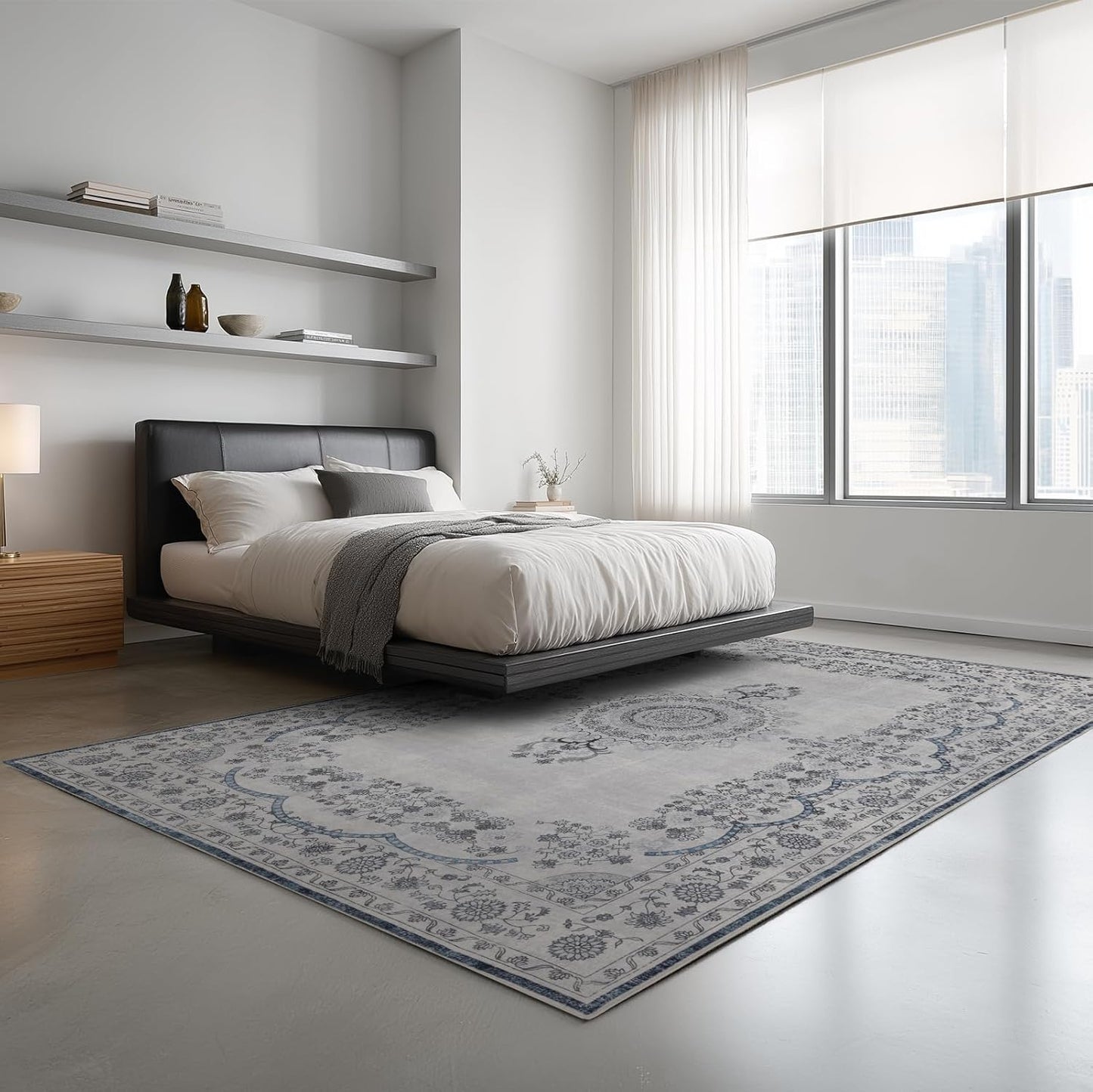 Washable 6x9 Area Rug for Living Room, Carpet for Bedroom Dining Room, Non Slip&Non-Shedding Resistant Low Pile Vintage Print Rug for Home Office (Grey/Blue)