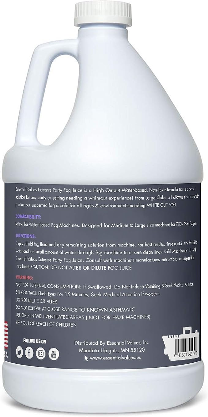 Essential Values Fog Machine Fluid - Extreme High Density Fog Juice (128 FL OZ / 1 Gallon) – White-Out Conditions for Water Based Foggers Designed for 700 Watts+ - Manufactured in USA