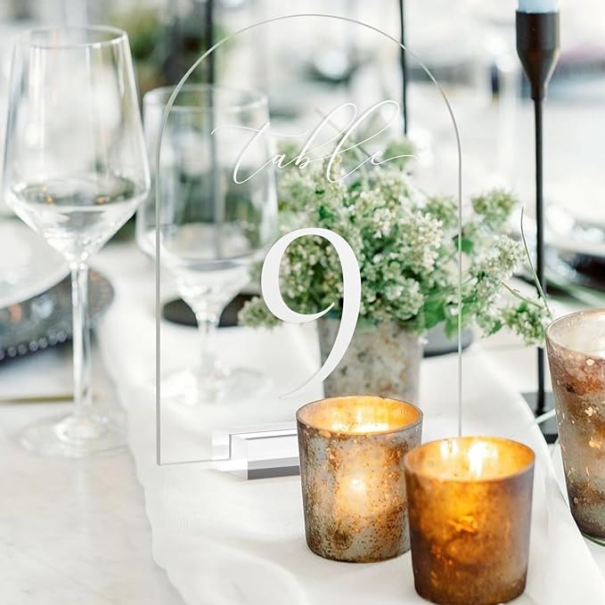 JINMURY Clear Arch Table Numbers for Wedding, 5x7 Inch Arched Acrylic Table Numbers 1-20 with Stands, Clear Acrylic Arch Sign with Holder for Centerpiece, Reception, Wedding, Party, Event