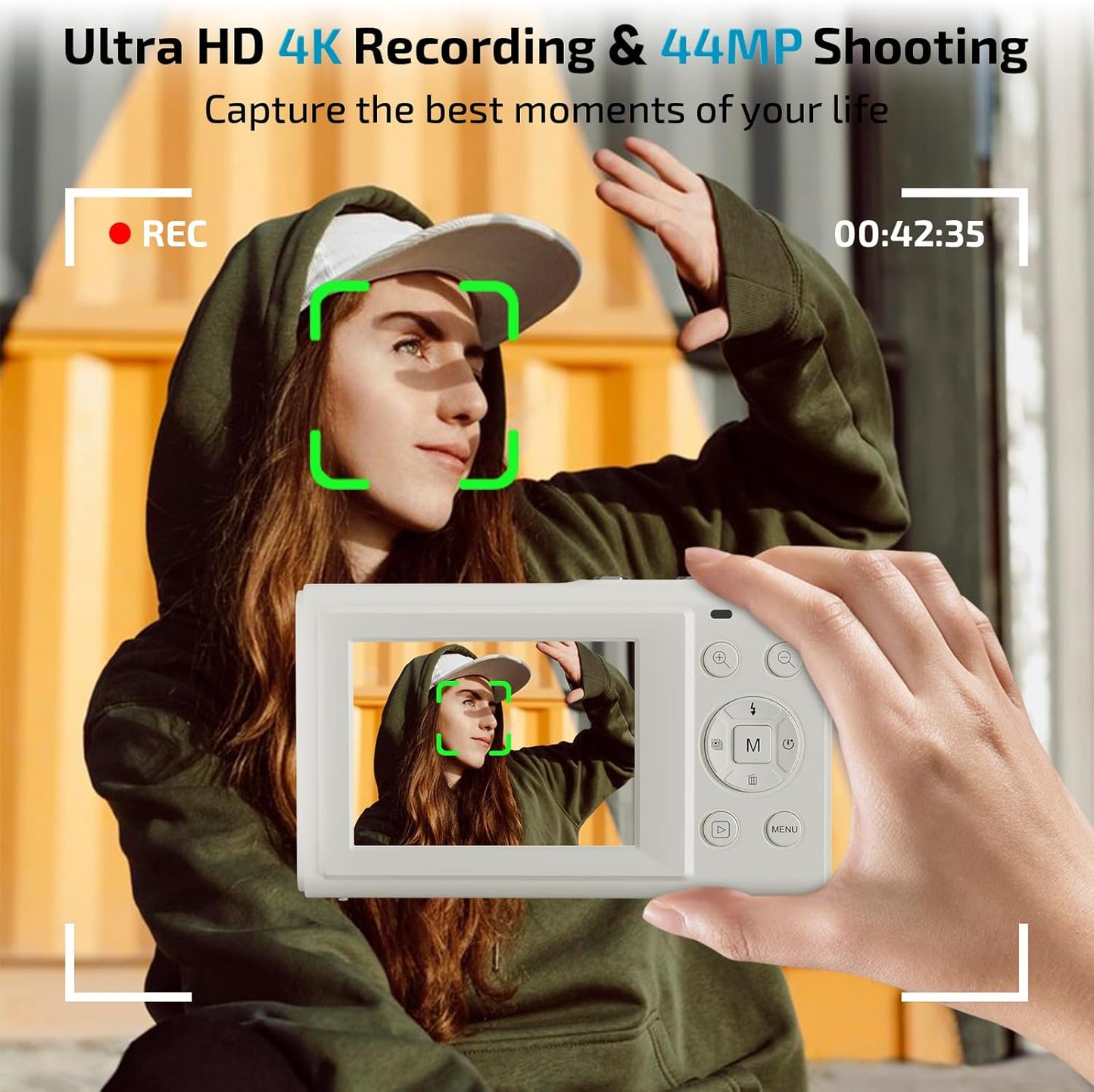 Upgrade Digital Camera, FHD 4K 44MP Autofocus Digital Point and Shoot YouTube Camera with 16X Zoom, 32GB SD Card, Compact Digital Camera Cheap for Teens Boys Girls Kids White