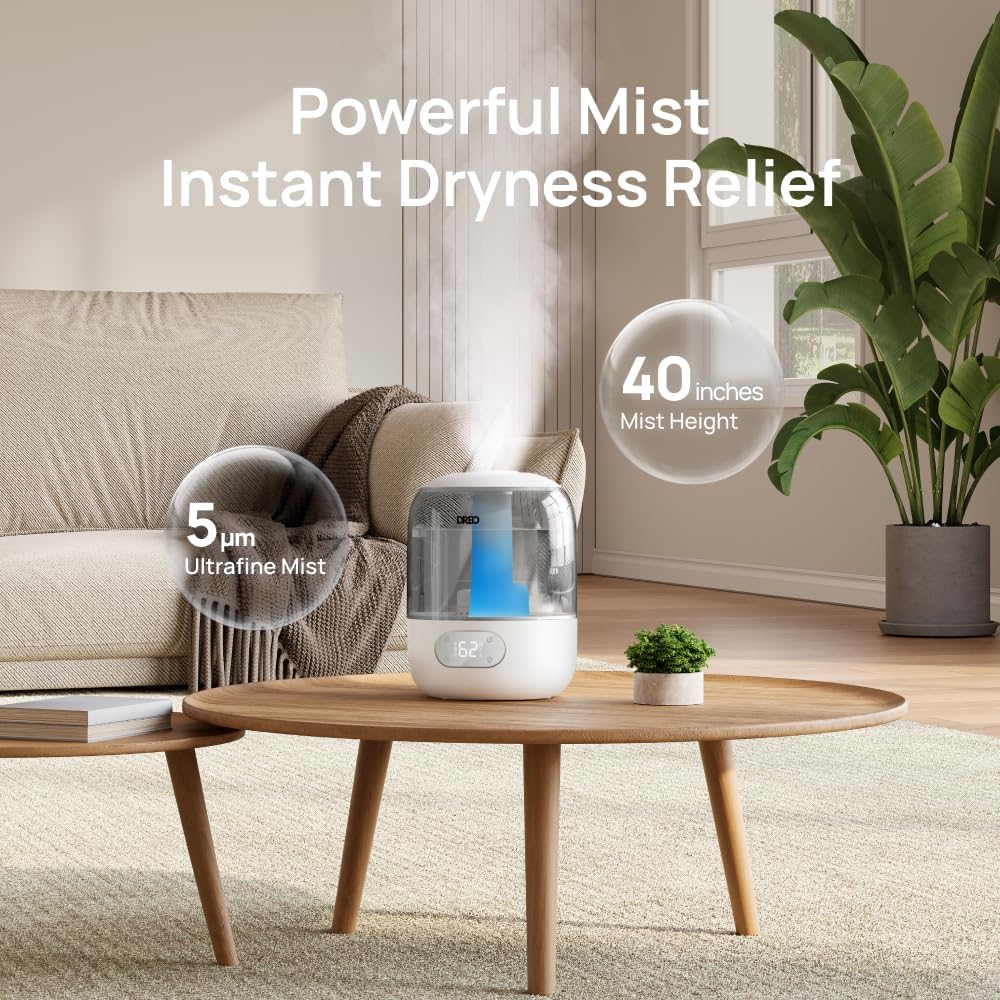 Dreo Humidifiers for Bedroom, Cool Mist Ultrasonic Humidifiers with 30Hr Runtime, Top Fill 3L Tank, Easy Clean, Humidity Sensor, Night Light for Baby, Nursery, 360° Nozzle for Plants and Home, Grey