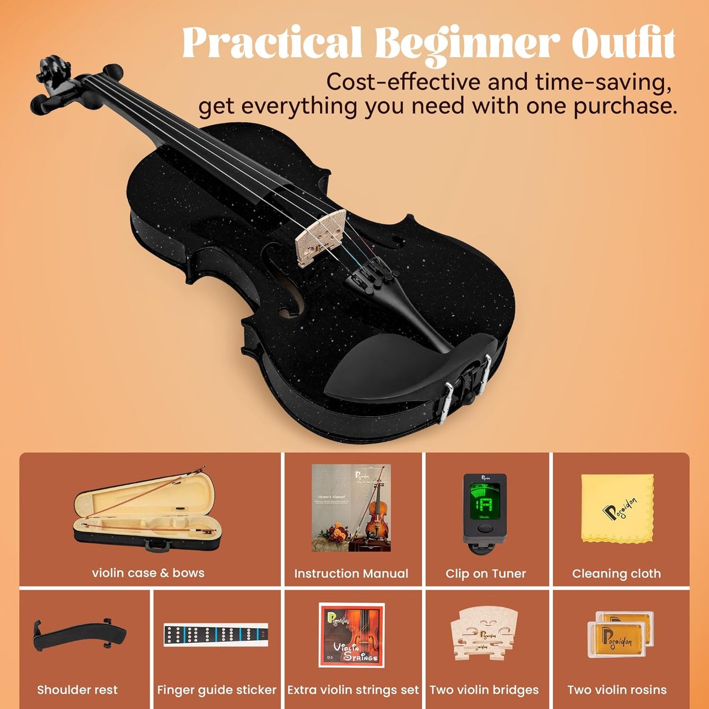 Poseidon Violin Set for Beginners Adult Student, 4/4 Violin Beginner w/Case, Extra Violin 4/4 Strings Set, Two Bows, Two Bridges, Two Rosins, Tuner, Manual - Black