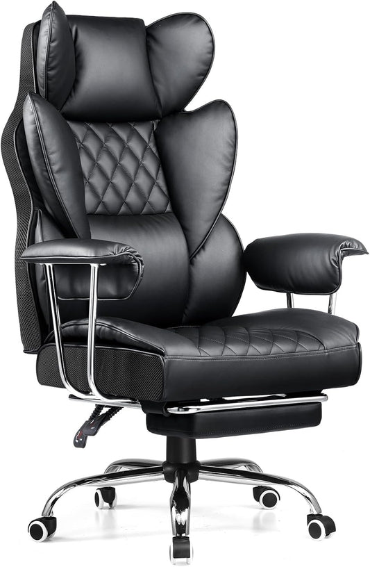 COMHOMA Big and Tall Office Chair, High Back Leather Gaming Chair with Footrest, Executive Ergonomic Office Chair with Pocket Spring Lumbar Support and with Outward Fixed Soft Armrests