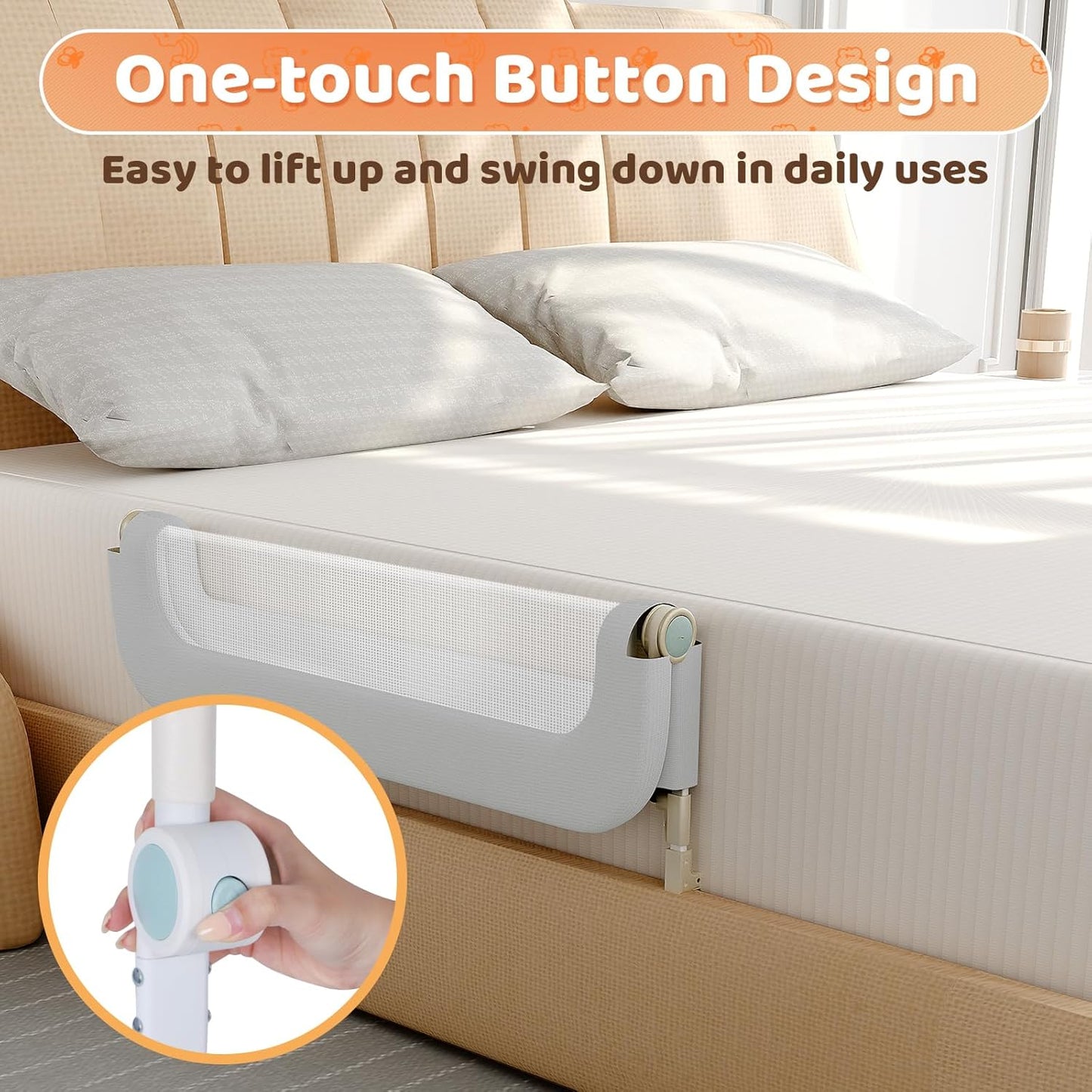 Bed Guard Rail for Toddlers - 47inch Foldable & Adjustable Height Baby Bed Safety Side Rails - Large Toddler Crib Railing Guard for Twin, Bunk, Full Size, Queen & King, Full Size Bed Grey