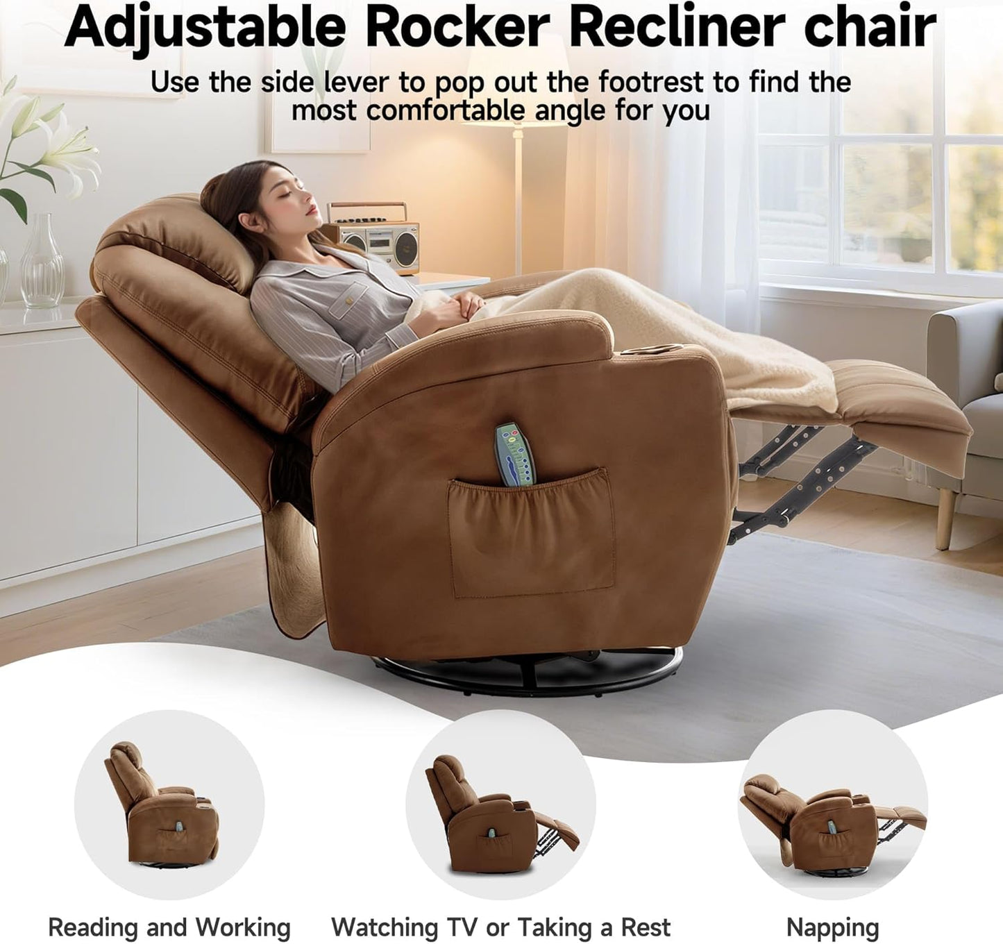 Recliner Chair, Rocking Chair with Massage and Heat, 360° Swivel Recliner Chairs for Adults, Rocker Manual Recliner with Remote Control and Cup Holder for Living Room, Bedroom, Nursery