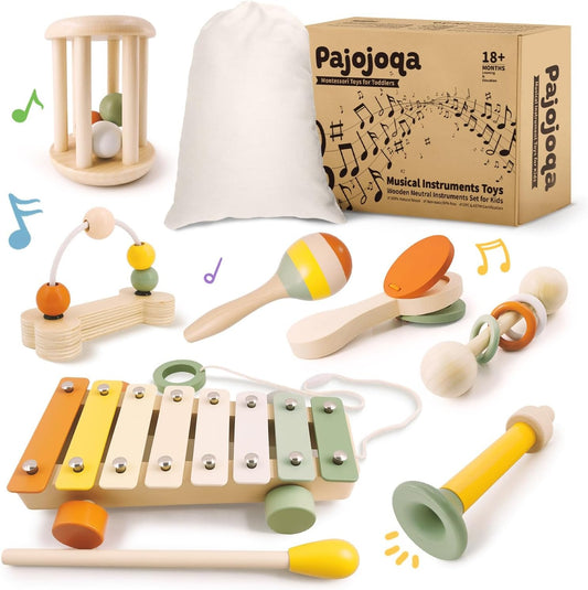 7pcs Musical Instruments Set - 18M+ Montessori Toys 2 3 4 Neutral Colors Wooden Toys for Toddlers 3-5 Percussion Instruments Modern Boho Xylophone Sensory Gifts Boys Girls